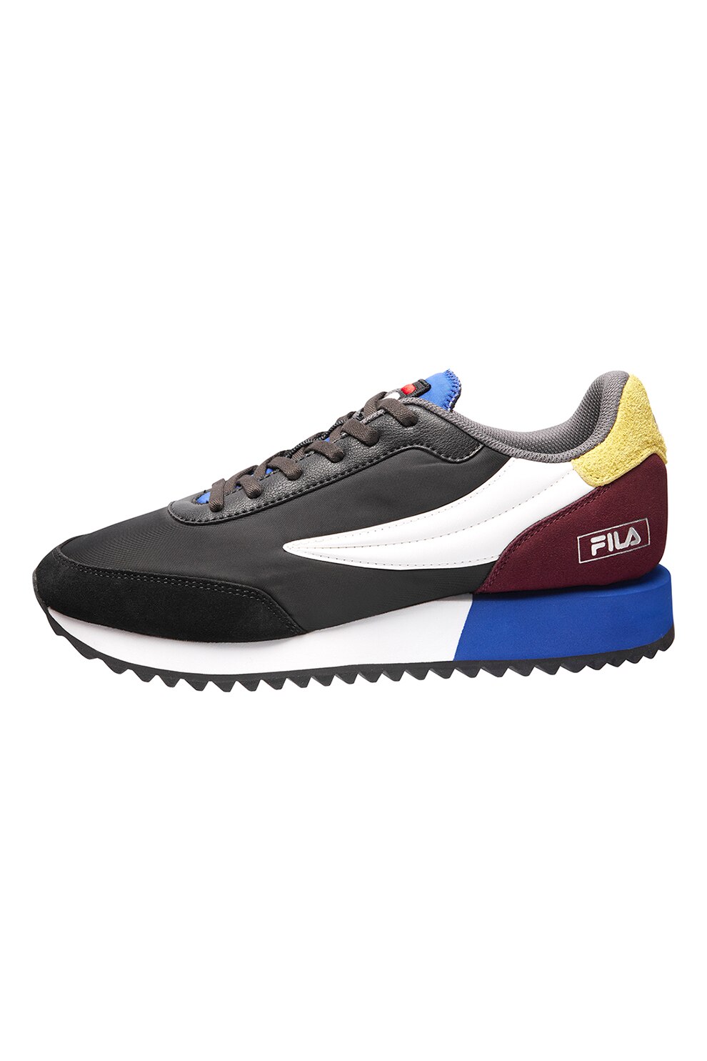 Fila, Pantofi sport cu talpa cu striatii si detalii de piele intoarsa Retrounique, Negru/Violet pruna/Abastru
