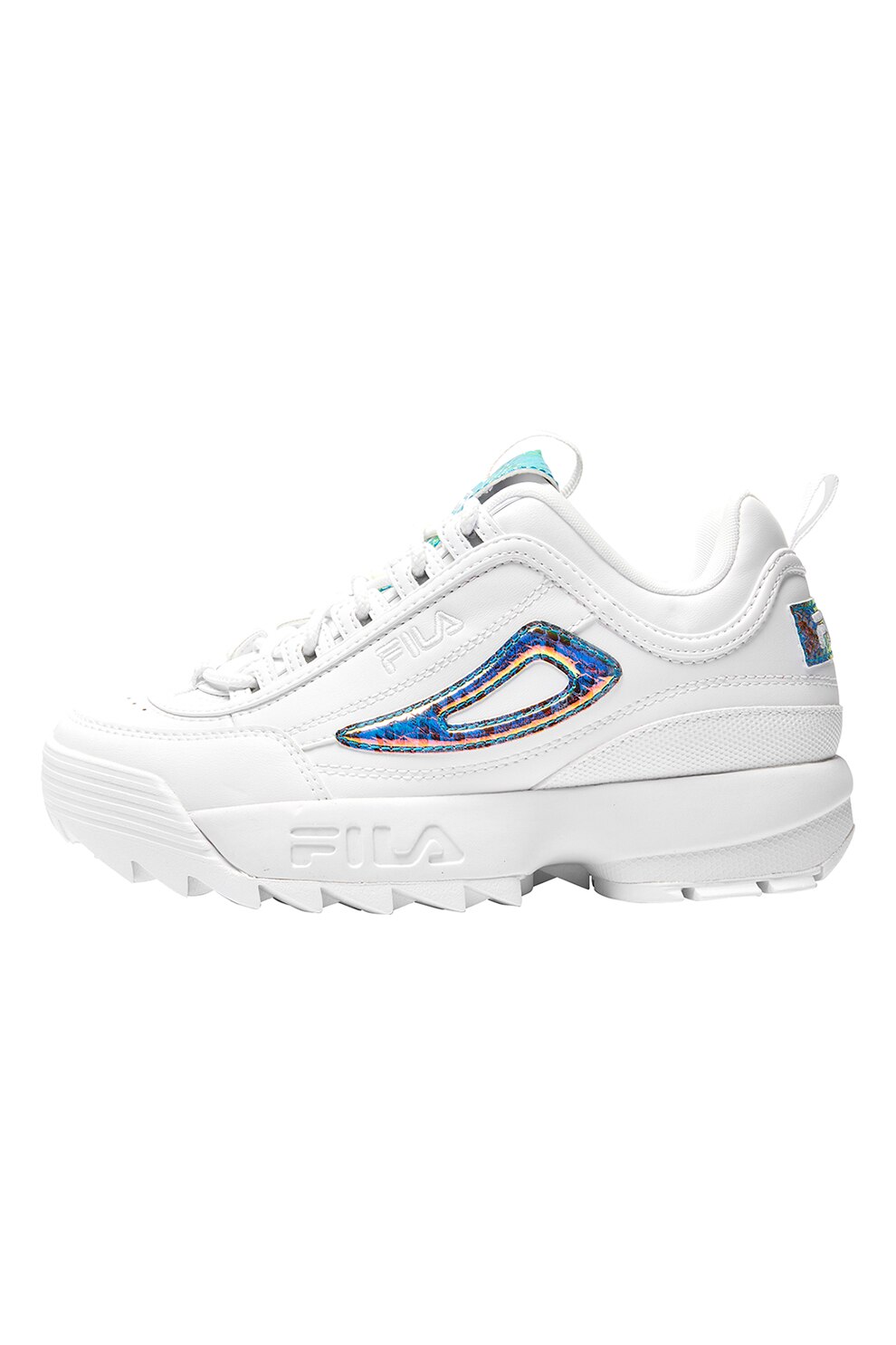 Fila, Pantofi sport cu talpa cu striatii si aspect masiv Disruptor F, Alb/Albastru/Oranj