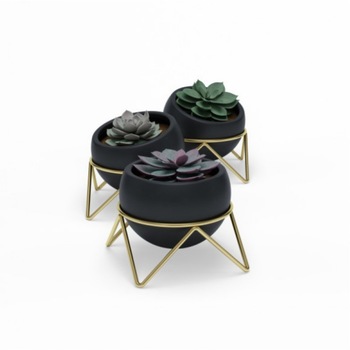 Set 3 ghivece din ceramica neagra si suport metalic auriu, Potsy, 15 x 10 x 10 cm Set 3 ghivece din ceramica neagra si suport metalic auriu, Potsy, 15 x 10 x 10 cm