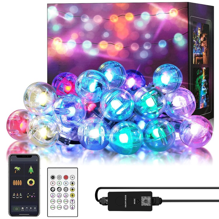 Instalatie de Craciun, YWX®, 5 m, Bluetooth APP+telecomanda, LED RGB, 2 Metode de control, Impermeabil, 8 Moduri, Potrivit pentru decorarea interioara si exterioara, Multicolor