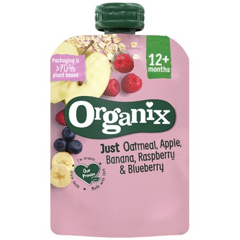 Piure de ovaz, mere, banane, zmeura si afine Organix Bio, 100g, de la 12 luni Piure de ovaz, mere, banane, zmeura si afine Organix Bio, 100g, de la 12 luni