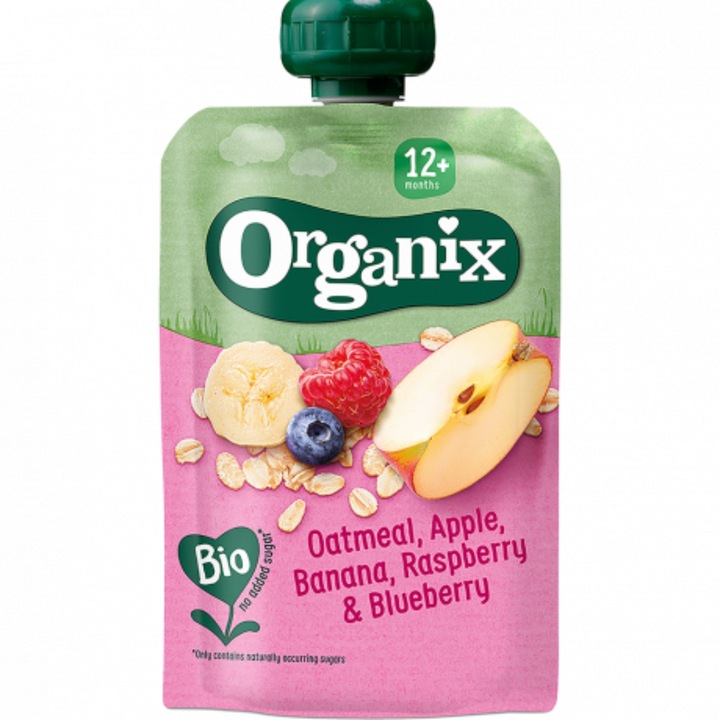 Piure de ovaz, mere, banane, zmeura si afine Organix Bio, 100g, de la 12 luni