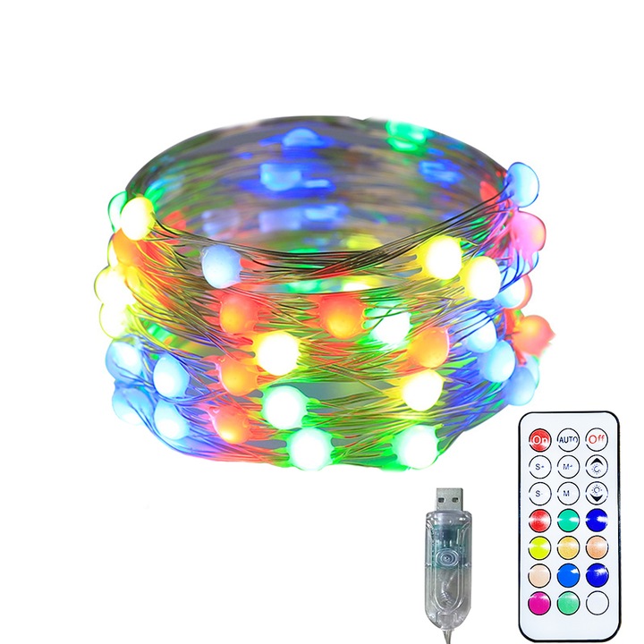 Instalatie de Craciun, YWX®, RGB, 10M, 100 LED, Telecomanda, Bluetooth Controlul APP, Sincroniza Muzica, IP44 Rezistent la Apa, luminozitate reglabila, USB, Multicolor