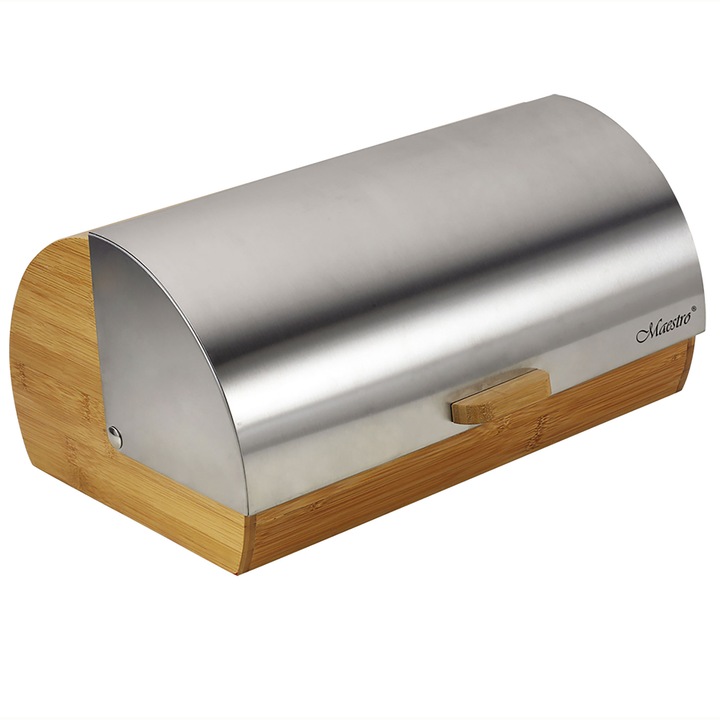 MAESTRO Кутия за съхранение на хляб, Дърво, Плъзгащ се капак от неръждаема стомана, 37 x 22 x 17 cm, Кафяво/Сребристо
