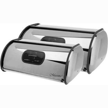 Set 2 cutii depozitare paine MAESTRO, Otel inoxidabil, Capac glisant, 44x27x18 cm / 36x23x14 cm, Argintiu/Negru Set 2 cutii depozitare paine MAESTRO, Otel inoxidabil, Capac glisant, 44x27x18 cm / 36x23x14 cm, Argintiu/Negru