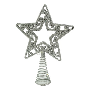 Varf decorativ de brad, Argintiu, in forma de Stea, decupata in centru, din Plastic,Metal, 14 cm x 19 cm, Interior,Exterior, Flippy Varf decorativ de brad, Argintiu, in forma de Stea, decupata in centru, din Plastic,Metal, 14 cm x 19 cm, Interior,Exterior, Flippy