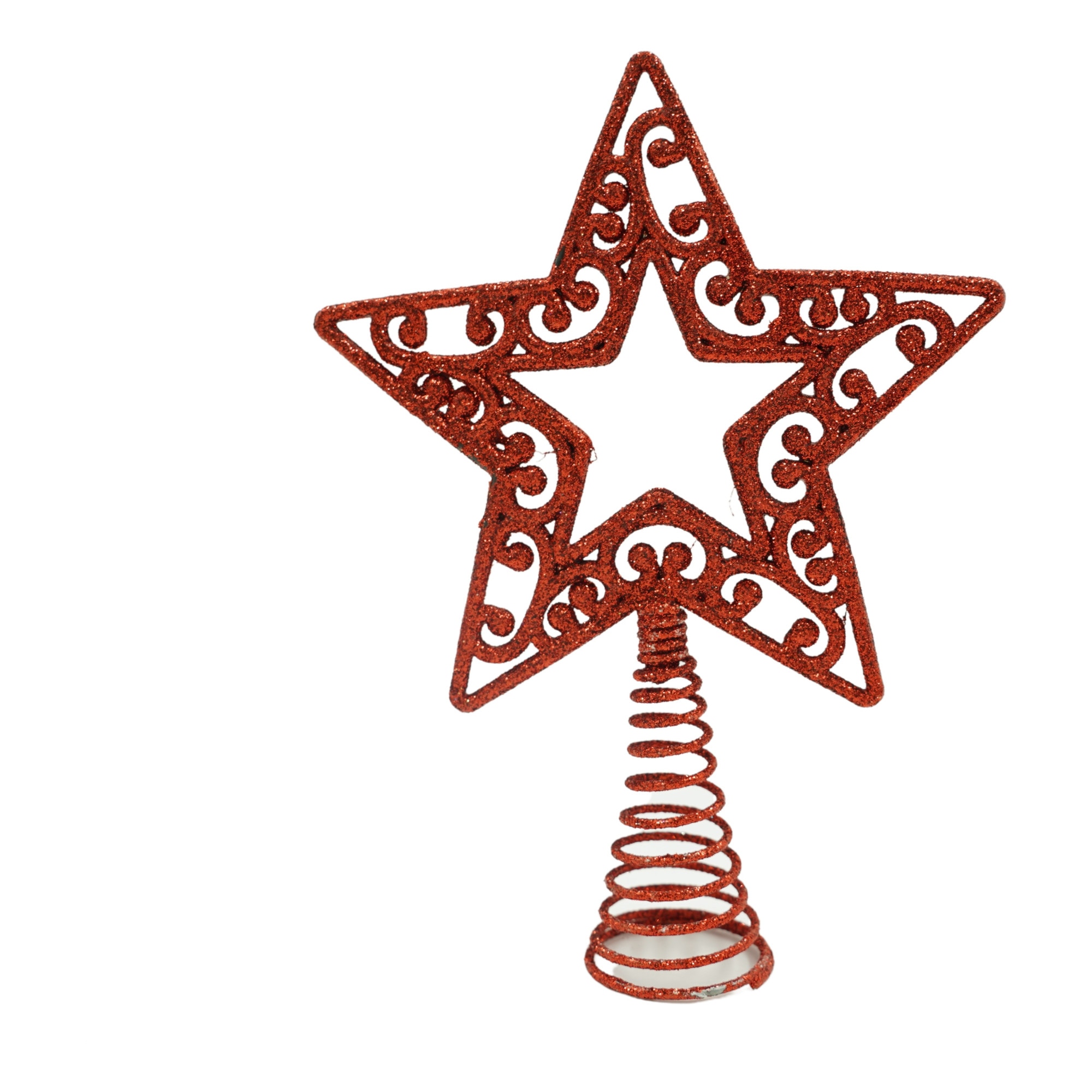 Varf decorativ de brad, Rosu, in forma de Stea, decupata in centru, din Plastic,Metal, 14 cm x 19 cm, Interior,Exterior, Flippy