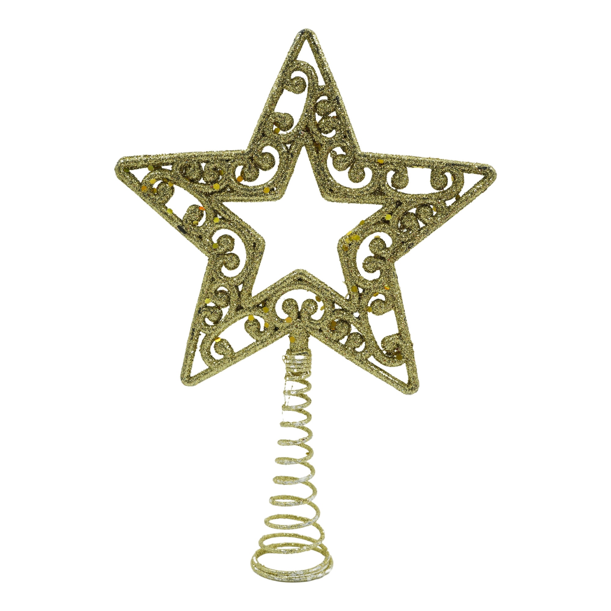 Varf decorativ de brad, Auriu, in forma de Stea, decupata in centru, din Plastic,Metal, 14 cm x 19 cm, Interior,Exterior, Flippy