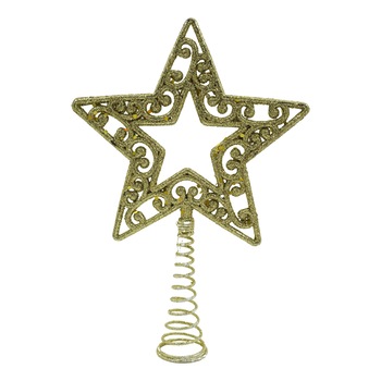Varf decorativ de brad, Auriu, in forma de Stea, decupata in centru, din Plastic,Metal, 14 cm x 19 cm, Interior,Exterior, Flippy Varf decorativ de brad, Auriu, in forma de Stea, decupata in centru, din Plastic,Metal, 14 cm x 19 cm, Interior,Exterior, Flippy