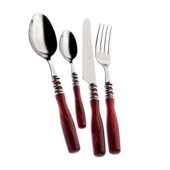 Set 24 tacamuri Casa Bugatti, Arianna, design luxury, elegant, pentru 6 persoane, material premium, cutie de lux de prezentare, maner perlat, otel inoxidabil, inel argint mat, bordeaux Set 24 tacamuri Casa Bugatti, Arianna, design luxury, elegant, pentru 6 persoane, material premium, cutie de lux de prezentare, maner perlat, otel inoxidabil, inel argint mat, bordeaux