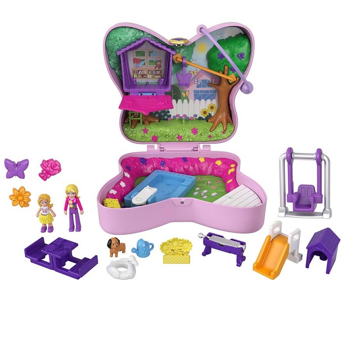 Set de joaca Polly Pocket, gradina in forma de fluture cu paiete, cu 2 papusi, pliabila, 29.5 x 20.5 x 7.5 cm