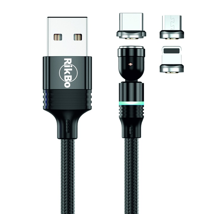 Cablu de incarcare rapida si transfer de date 5pini, 3A magnetic RiKbo® 3 in 1 tip Lightning, Type-C, micro-USB rotatie 540 grade, compatibil Iphone, Samsung, Huawei, Xiaomi, Android, Led Circular, Lungime 1 metru Negru