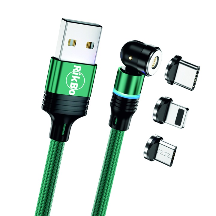 Cablu de incarcare rapida si transfer de date 3A magnetic RiKbo® 3 in 1 tip Lightning, Type-C, micro-USB rotatie 540 grade, Compatibil Iphone Samsung Huawei Oppo Xiaomi, Lungime 2 metri Verde