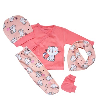 Compleu nou-nascut 5 piese din bumbac, Pisicute, Roz, 56 CM Compleu nou-nascut 5 piese din bumbac, Pisicute, Roz, 56 CM