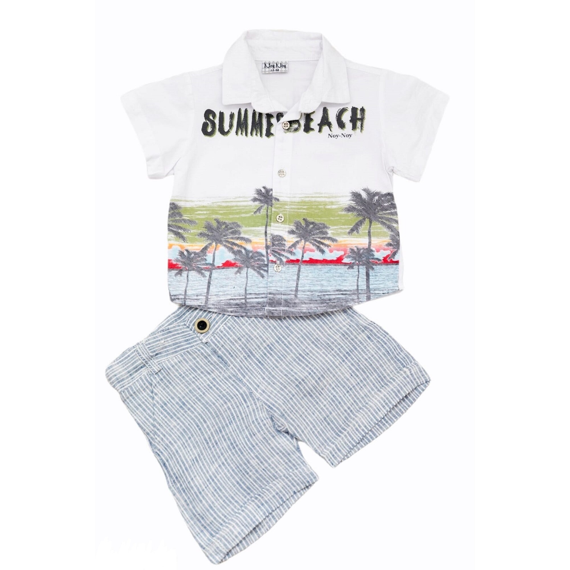 Compleu 2 piese din bumbac, Summer beach, varsta 12-18 luni, 86 cm, Alb/Gri