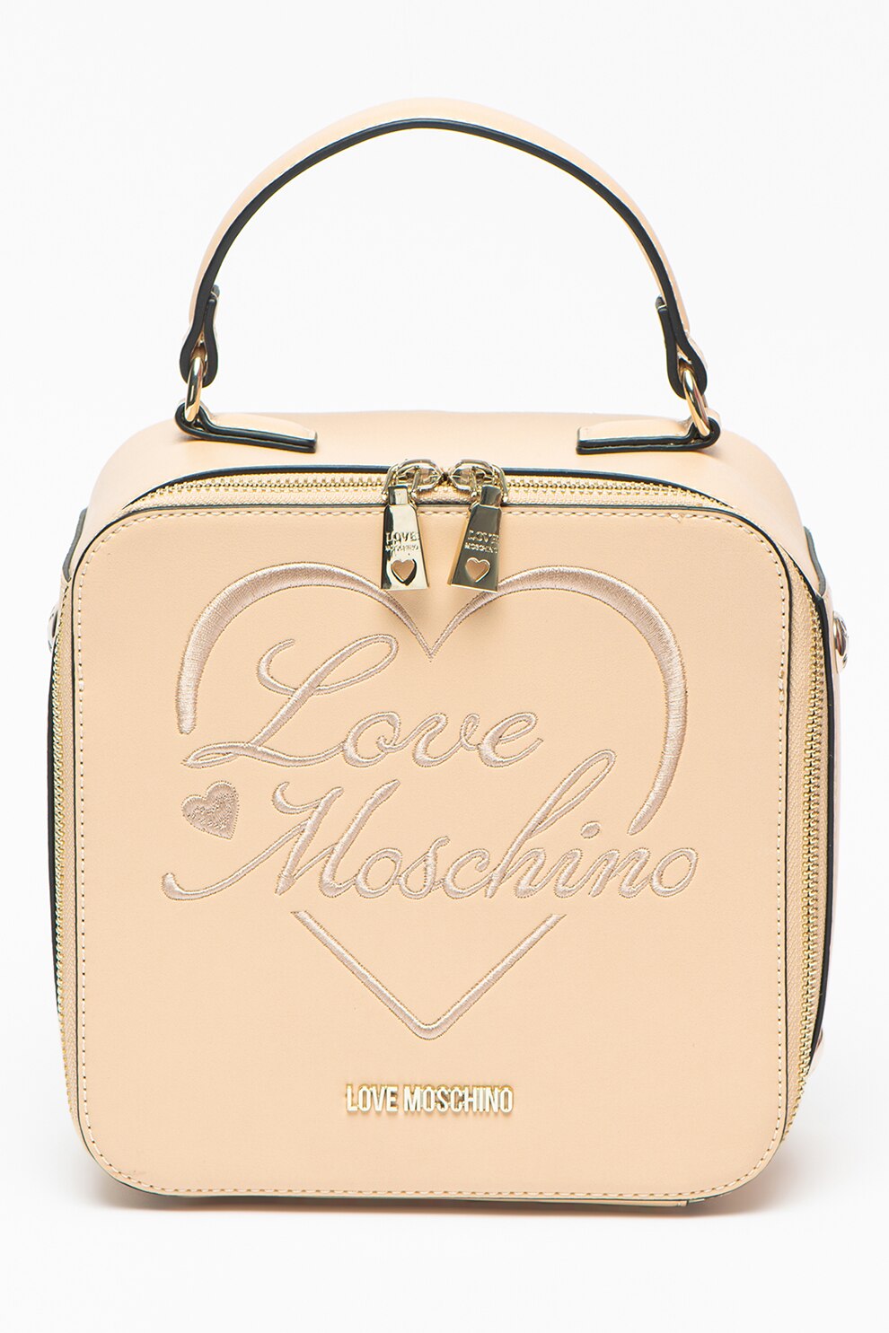 Love Moschino, Geanta de piele ecologica cu manere si logo brodat, Maro nisip