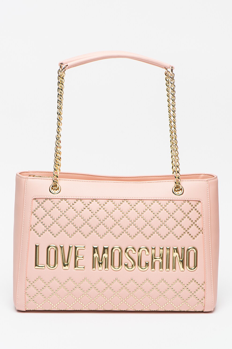 Love Moschino, Geanta de piele ecologica cu manere si logo metalic, Roz pastel
