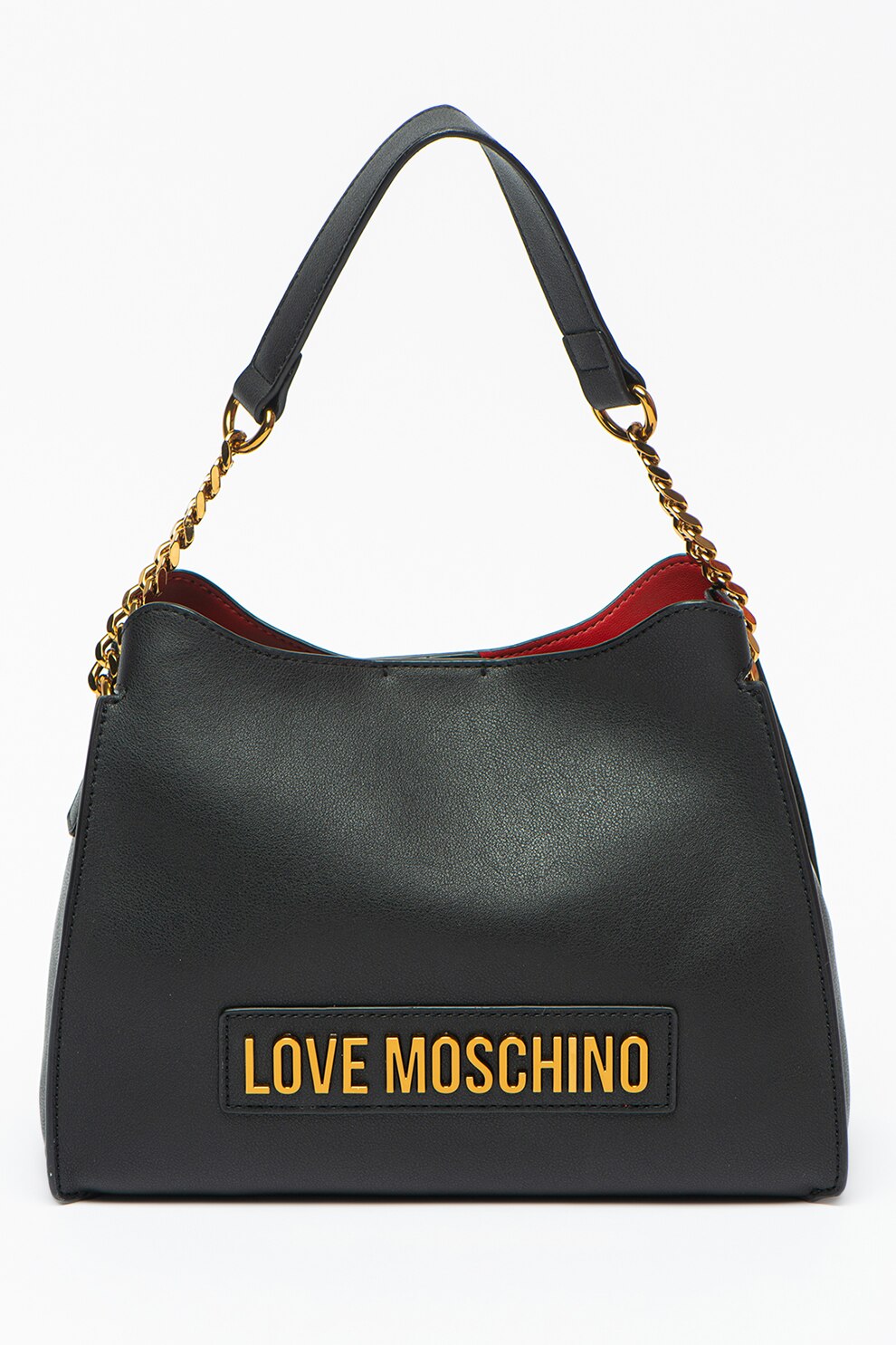 Love Moschino, Geanta de piele ecologica cu bareta de umar si logo metalic, Negru