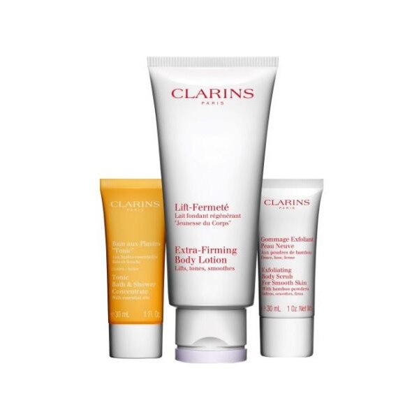 Set pentru corp Clarins, Lotiune Extra Firming Body 200 ml, Exfoliant de Corp 30 ml, Gel de Dus 30 ml, Femei