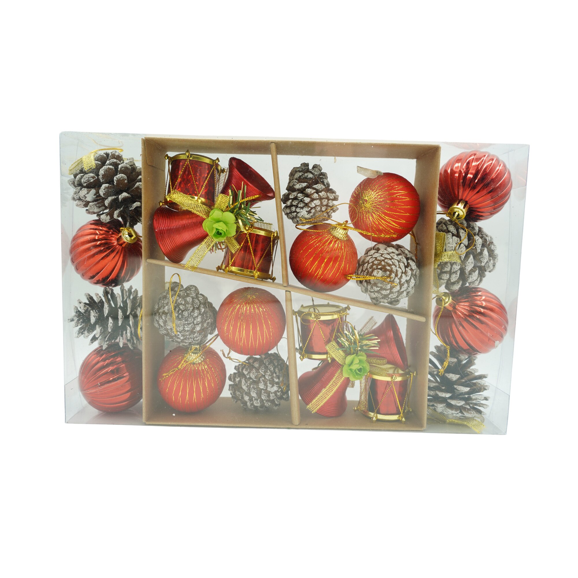 Set de 24 ornamente de brad, Flippy, de tip Glob, Rosu/ Maro, din polistiren, cu finisaj sclipitor , cutie 5 cm adancime x 29 cm lungime x 19 cm inaltime