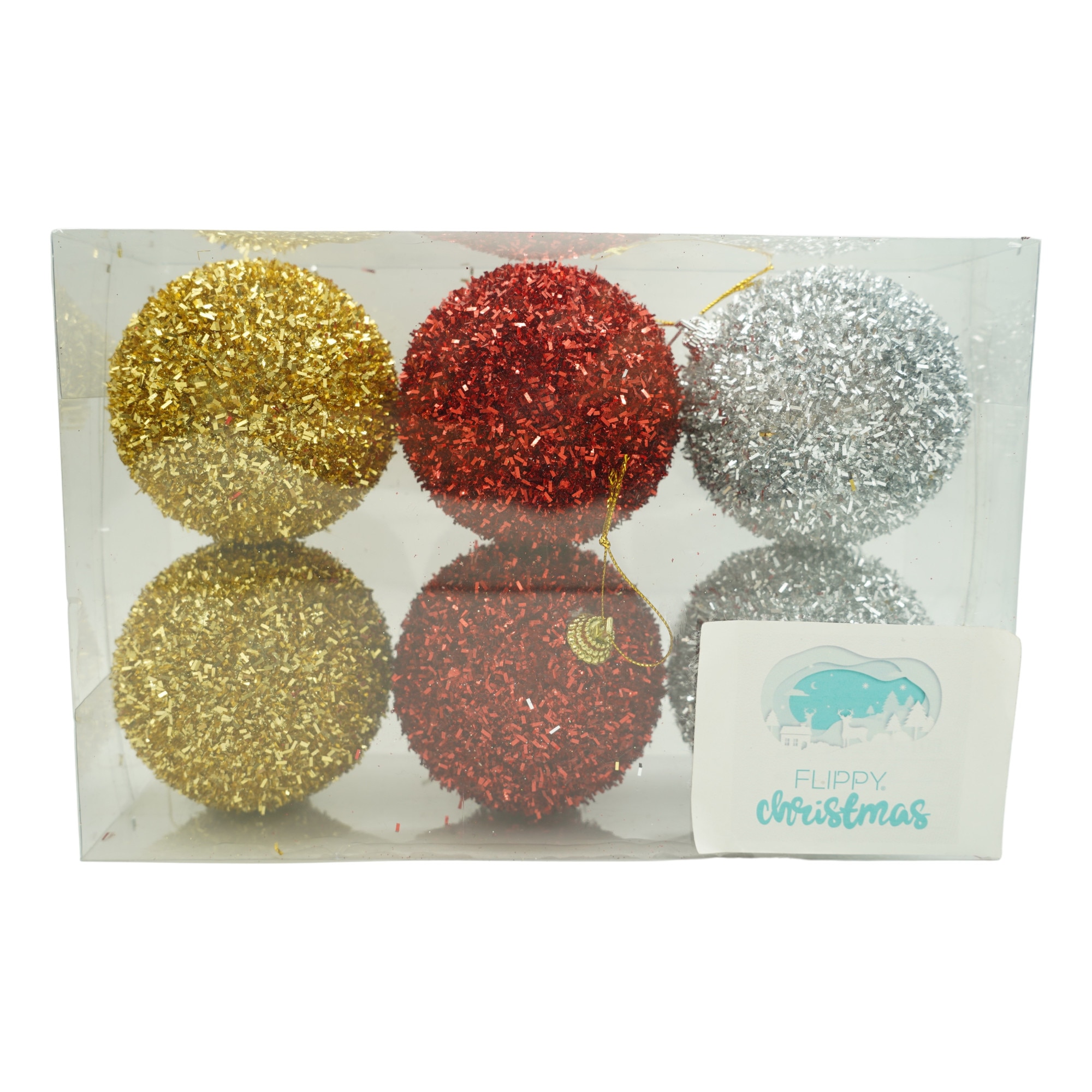 Set de 6 ornamente de brad, Flippy, de tip Glob, Multicolor, cu ø de 8 cm, din polistiren, cu finisaj sclipitor , cutie 16 cm inaltime x 24 cm lungime x 8 cm adancime