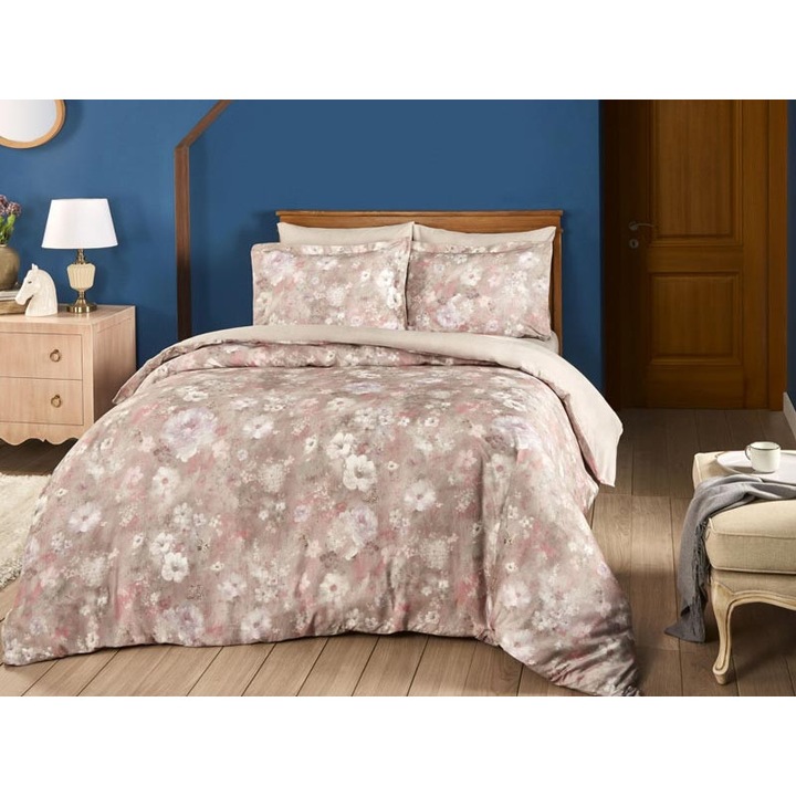 Двоен комплект спално бельо от сатен 6 части, Tac, 240x260 см, DELUX Digital Penon Pembe (Розов)