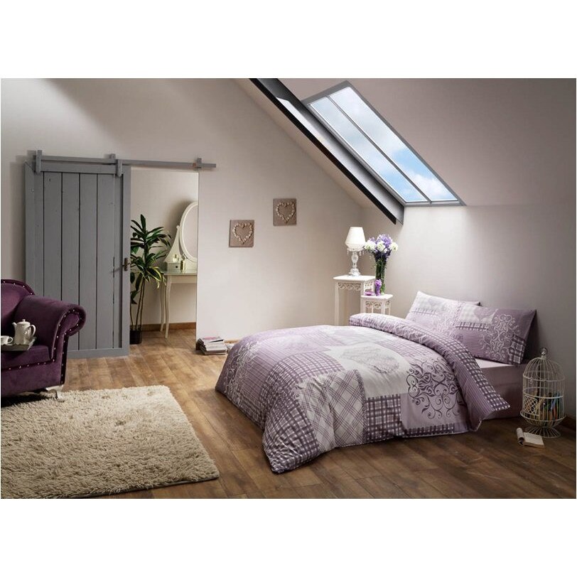 Lenjerie de pat dublu bumbac 100% satinat, 4 piese, TAC, Romance Lila