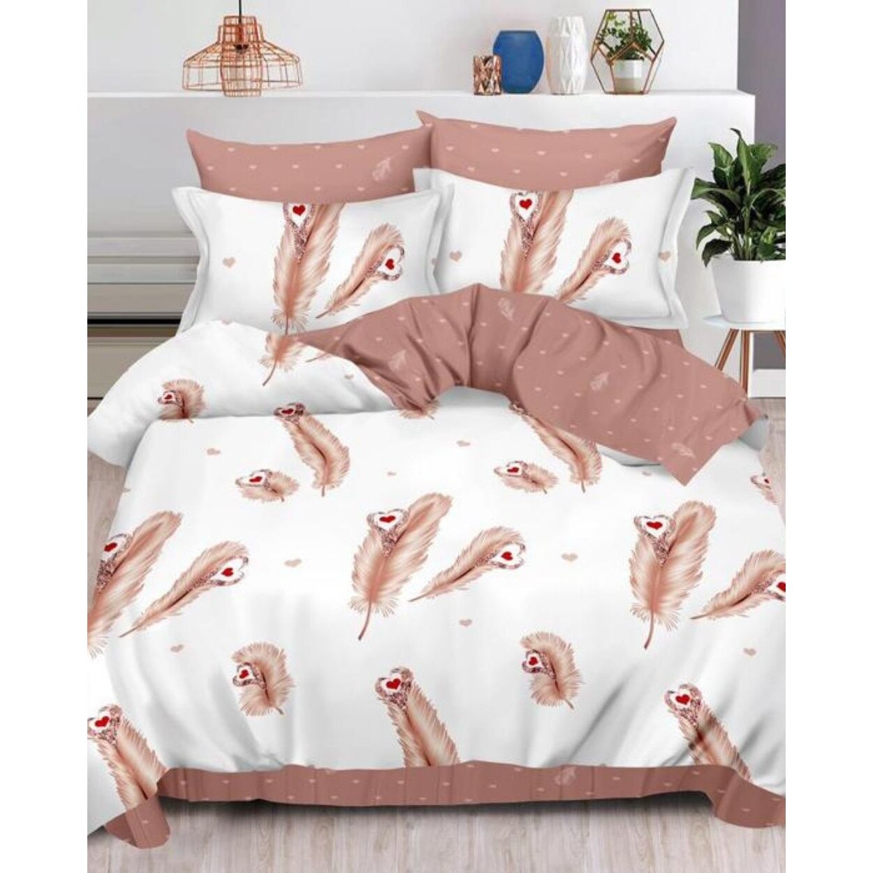 Set Lenjerie de Pat din Finet, 6 Piese, Pat 2 Persoane, Love Feathers