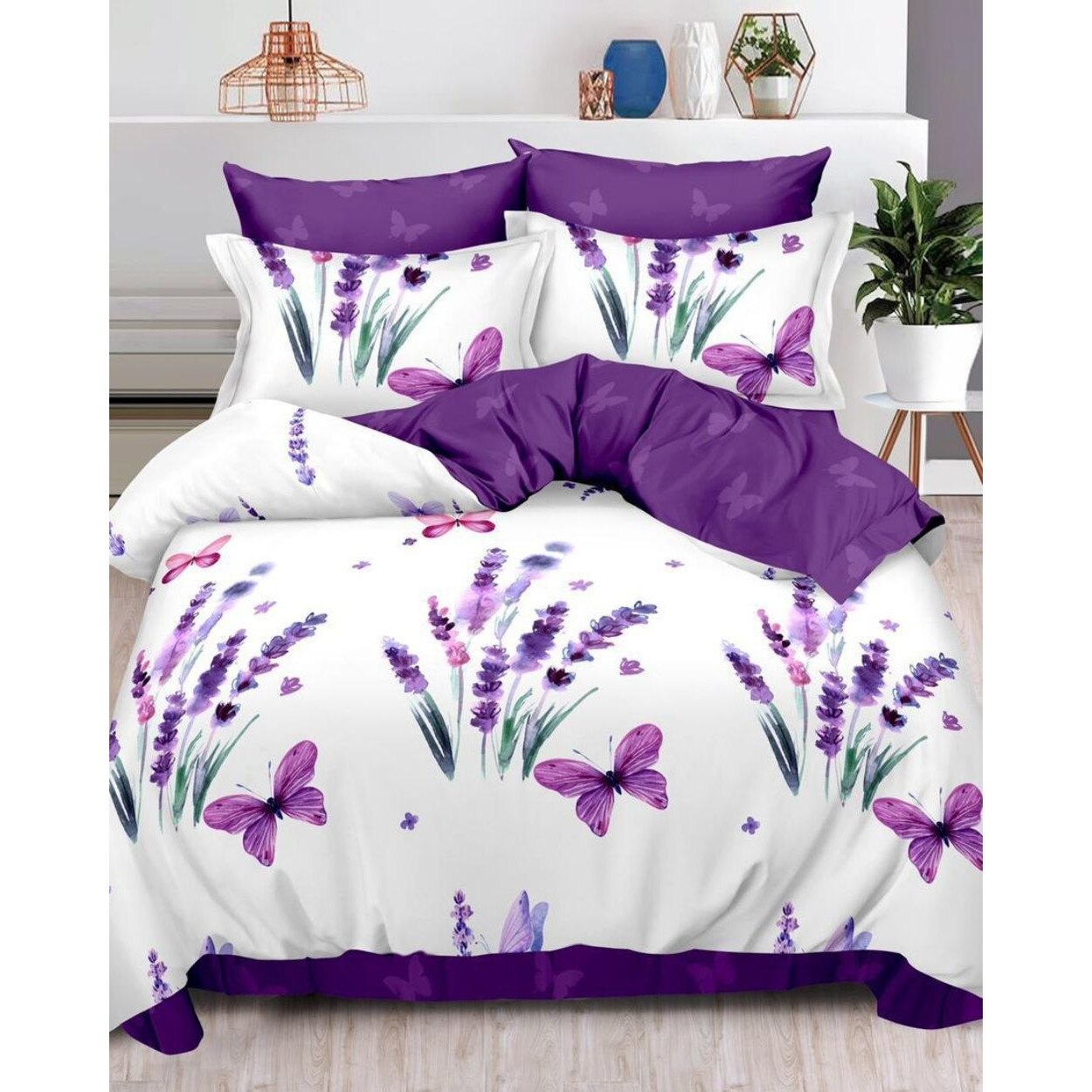 Set Lenjerie de Pat din Finet, 6 Piese, Pat 2 Persoane, Purple Nature