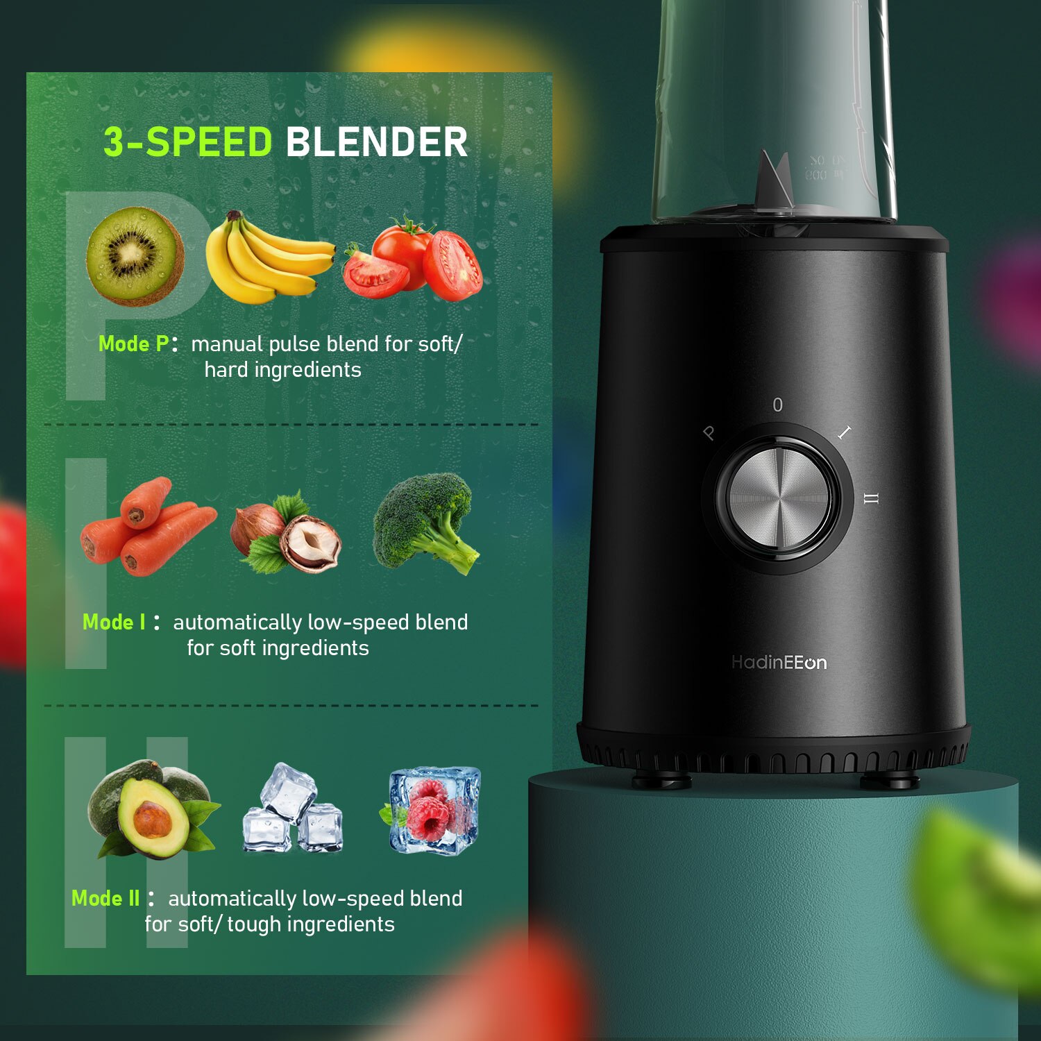 Blender Smoothie HadinEEon, 3 viteze, Fara BPA, 300W, Otel inoxidabil