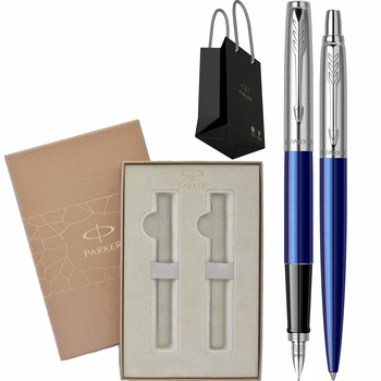 Set Stilou si Pix Personalizat prin Gravura Laser Parker Jotter Royal Blue CT in cutie Premium Duo si punga Set Stilou si Pix Personalizat prin Gravura Laser Parker Jotter Royal Blue CT in cutie Premium Duo si punga