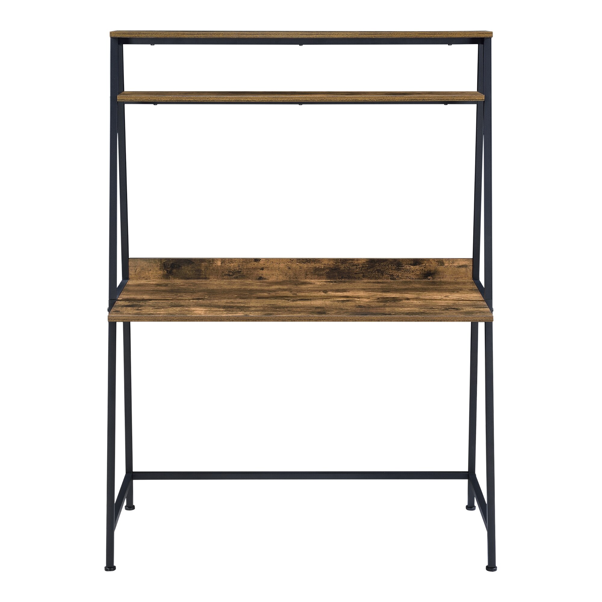 Birou, en.casa, Alvdal, 143 x 105 x 50,5 cm, PAL/metal, negru/efect lemn nuanta inchisa, cu 2 cu rafturi