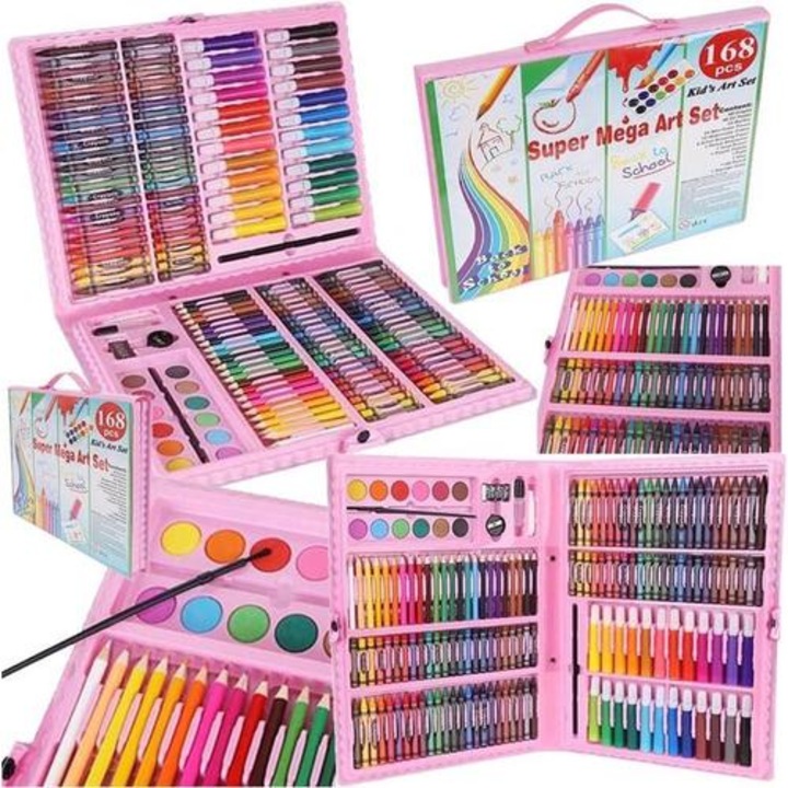 Set pictura si desen pentru copii, trusa plastic roz, 168 piese