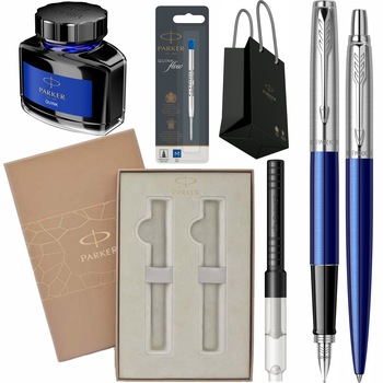 Set Stilou si Pix Personalizat prin Gravura Laser Parker Jotter Royal Blue CT cu rezerva mina pix, convertor, calimara cerneala, cutie Premium Duo si punga Set Stilou si Pix Personalizat prin Gravura Laser Parker Jotter Royal Blue CT cu rezerva mina pix, convertor, calimara cerneala, cutie Premium Duo si punga