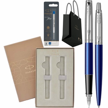 Set Stilou si Pix Personalizat prin Gravura Laser Parker Jotter Royal Blue CT cu rezerva mina pix in cutie Premium Duo si punga Set Stilou si Pix Personalizat prin Gravura Laser Parker Jotter Royal Blue CT cu rezerva mina pix in cutie Premium Duo si punga