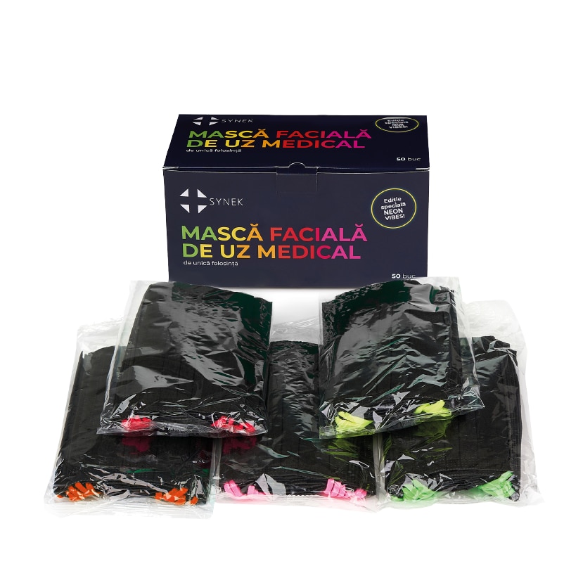Set 50 bucati Masti faciale medicale de unica folosinta, nesterile, pentru adulti, Tip II Negre Electric Vibes