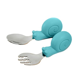 Set tacamuri antrenament cu furculita si lingurita pentru bebelusi si copii, Dodoli, Melc, 10cm, Albastru Set tacamuri antrenament cu furculita si lingurita pentru bebelusi si copii, Dodoli, Melc, 10cm, Albastru