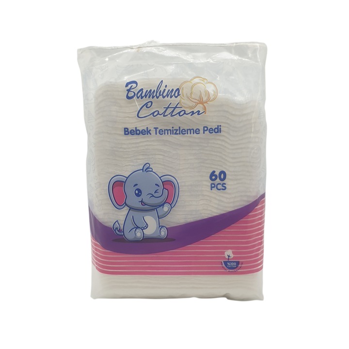 Dischete cosmetice si curatare bebeusi, bumbac 100%, Bambino, 60 buc, 11x10 cm/buc