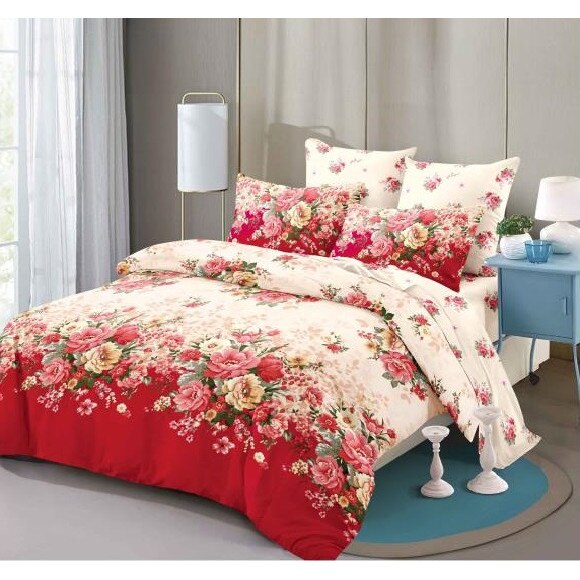 Set 6 piese Lenjerie Relax Shop, Six Bujori mici pe rosu, 2 persoane