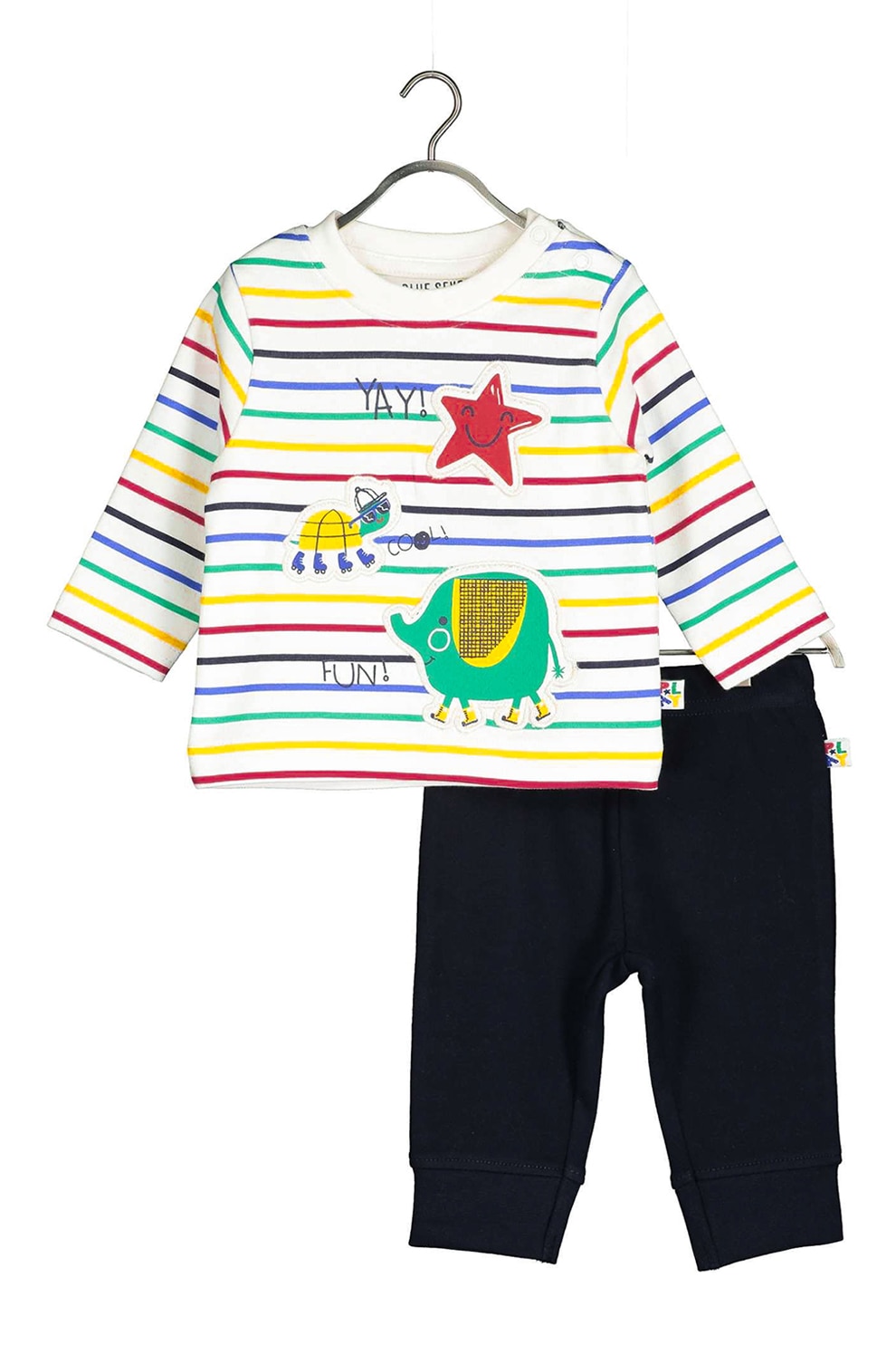 Blue Seven, Set de bluza de bumbac cu dungi si pantaloni, Alb/Bleumarin inchis/Rosu