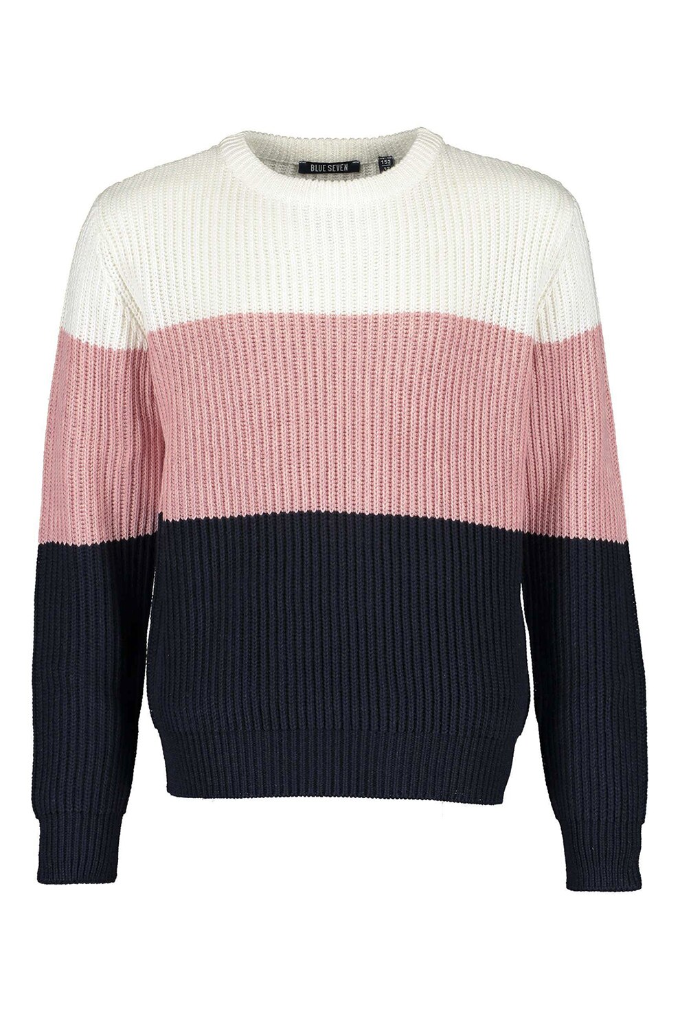 Blue Seven, Pulover cu decolteu la baza gatului si model colorblock, Alb/roz pastel/negru