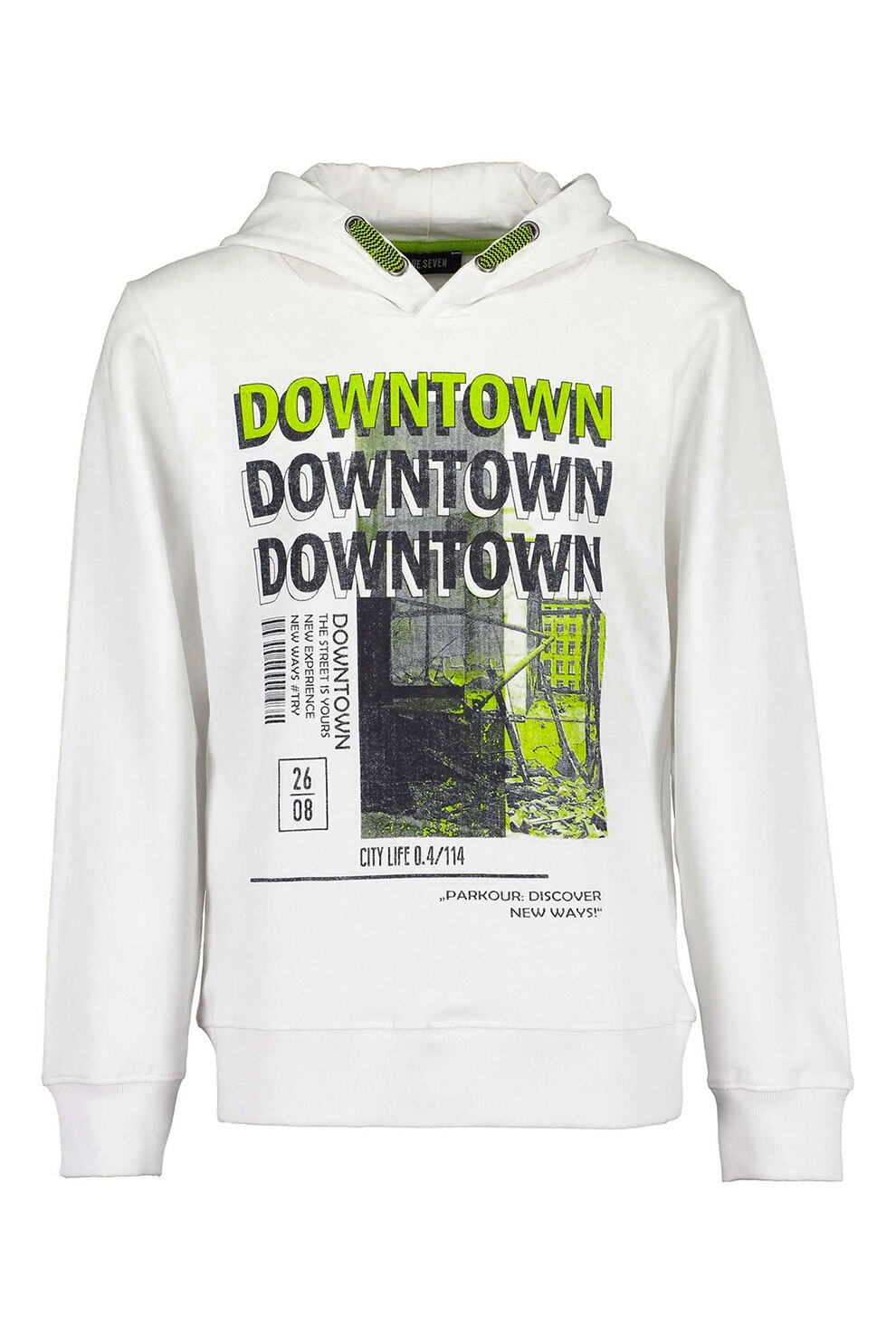 Blue Seven, Hanorac de bumbac cu imprimeu grafic si text, alb, gri inchis, galben