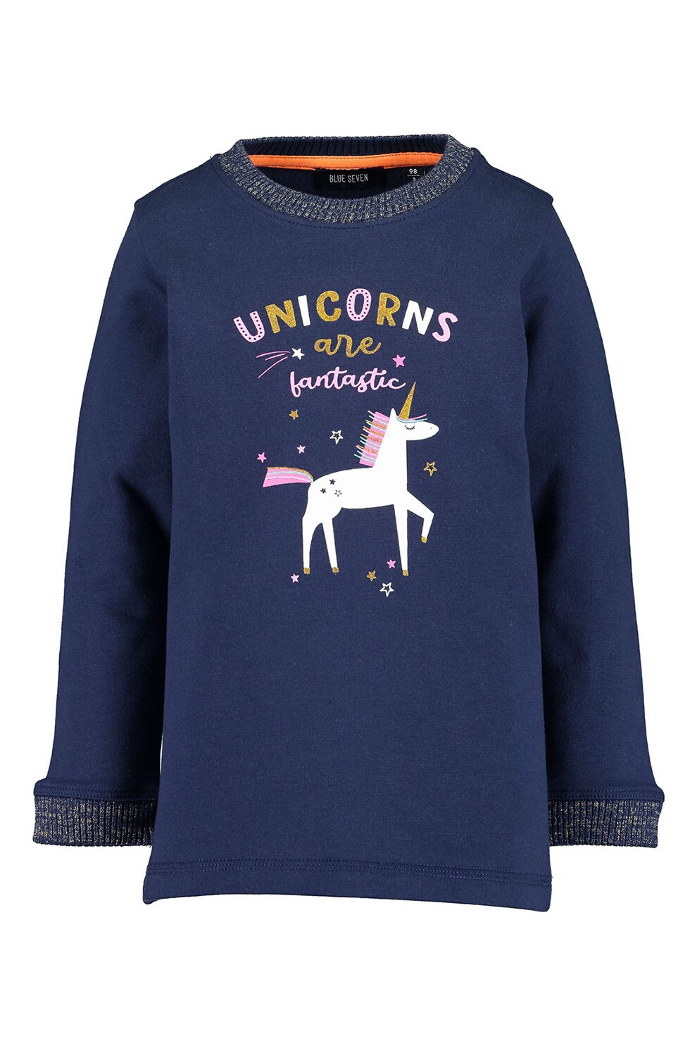 Blue Seven, Bluza sport cu decolteu la baza gatului si imprimeu, bleumarin inchis, alb