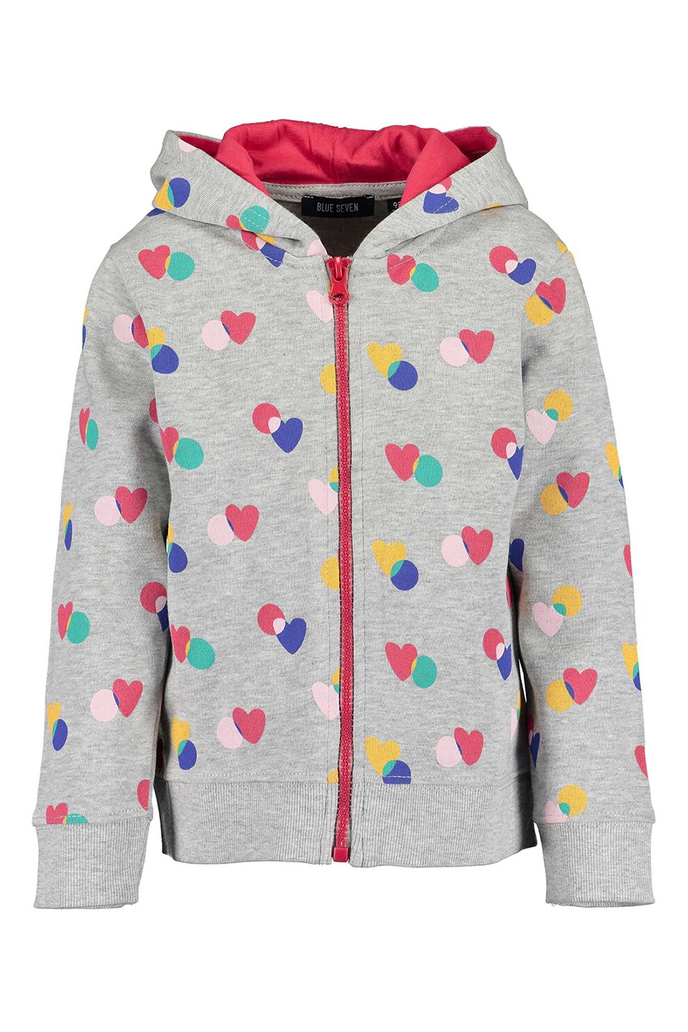 Blue Seven, Hanorac cu imprimeu cu inima si fermoar, Gri deschis melange/Rosu