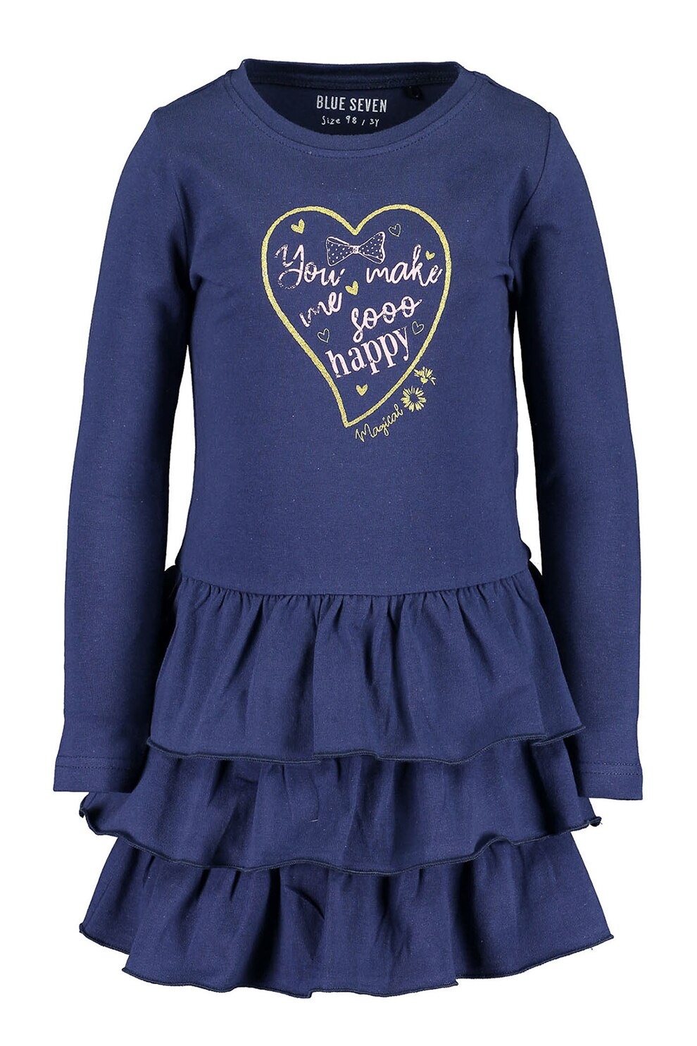 Blue Seven, Rochie cu imprimeu si terminatie cu volane, Bleumarin