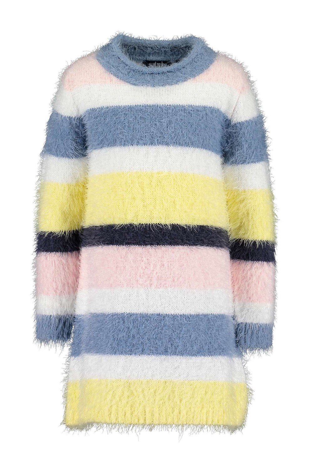 Blue Seven, Rochie-pulover cu dungi si aspect pufos, roz pal, albastru prafuit, galben pal