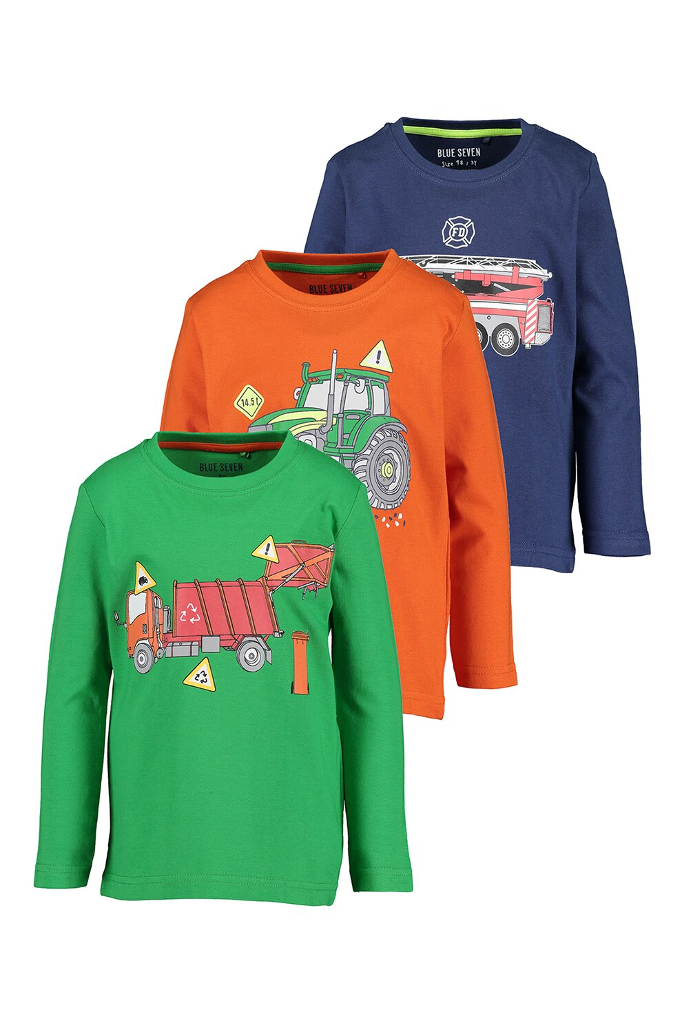 Blue Seven, Set de bluze cu decolteu la baza gatului si imprimeu - 3 piese, Bleumarin/Oranj/Verde