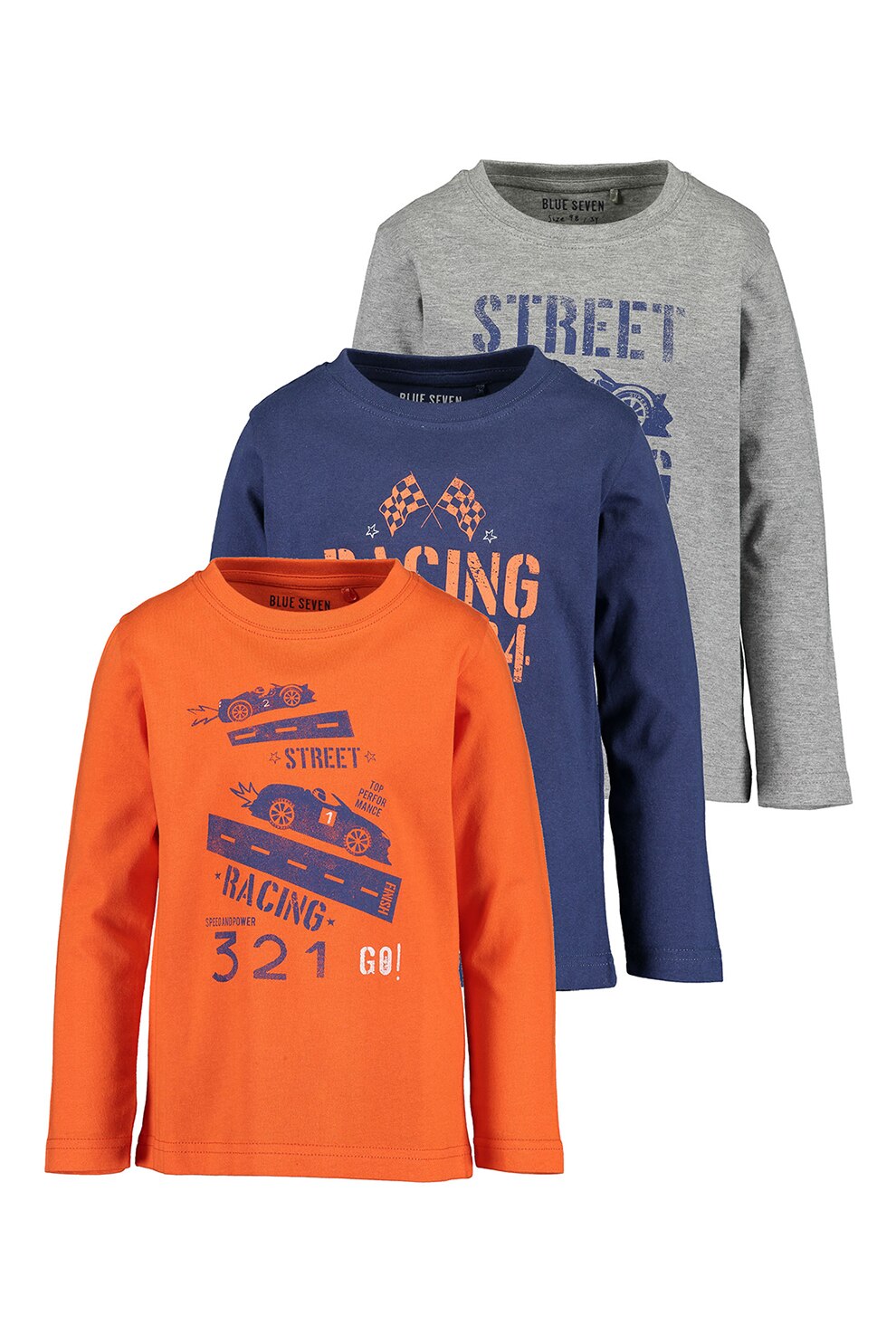 Blue Seven, Set de bluze cu decolteu la baza gatului, imprimeu grafic si text - 3 piese, Bleumarin/oranj/gri inchis melange