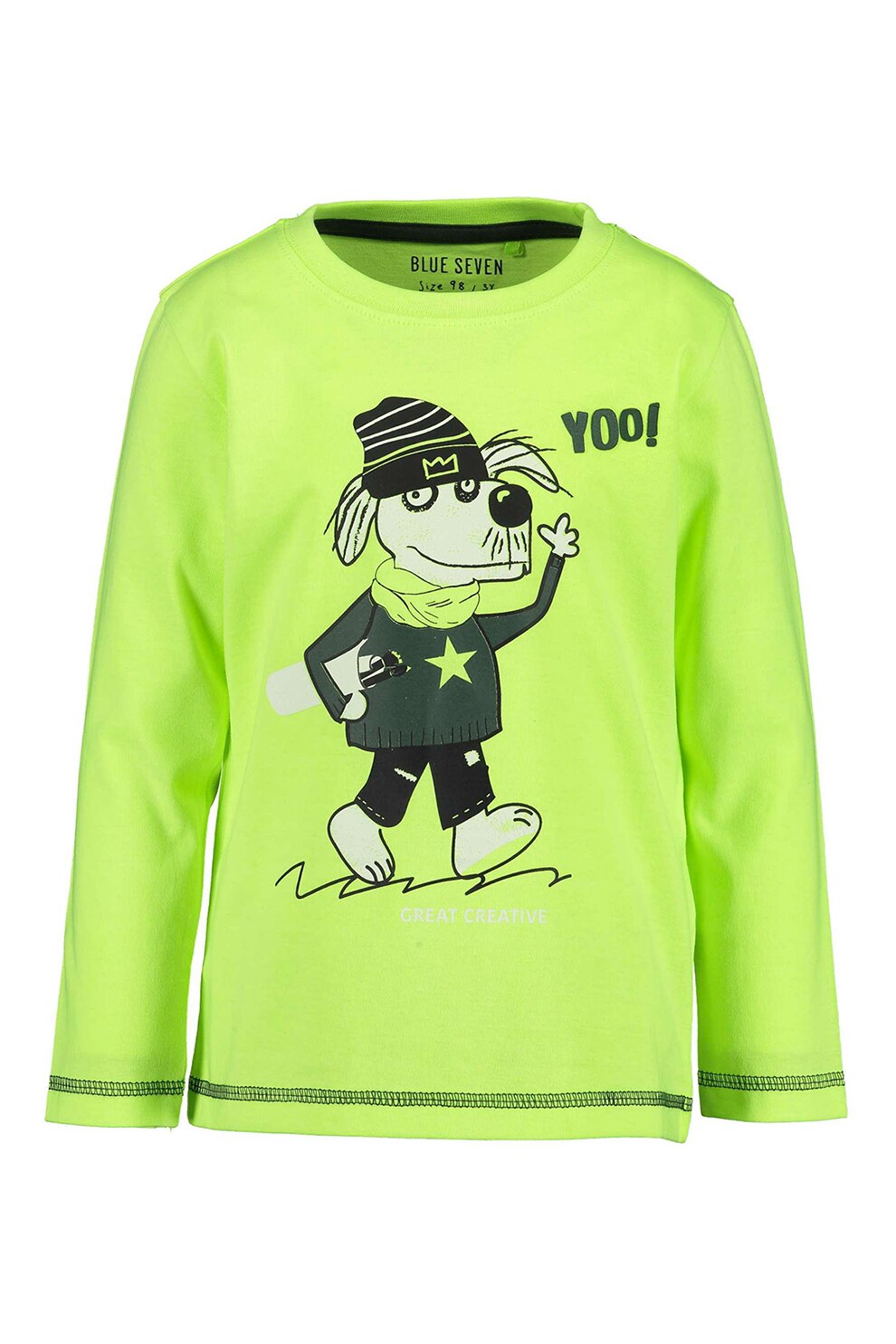 Blue Seven, Bluza din bumbac cu decolteu la baza gatului si imprimeu grafic, Verde lime/Negru