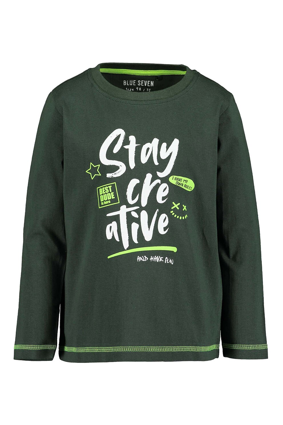 Blue Seven, Bluza din bumbac cu decolteu la baza gatului si imprimeu grafic, Verde forest/Alb